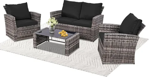 Vista 16 de FHFO Juego de muebles de patio al aire libre de 4 piezas, juego de sofá seccional de muebles de patio de conversación, mesa y sillas de ratán y sofá
