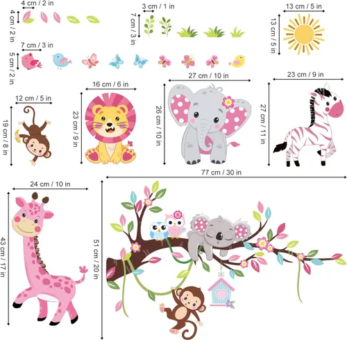Vista 4 de wondever Calcomanías de pared de ramas de árbol de animales rosados, elefante, león, jirafa, arte de pared para habitación de niñas, bebé
