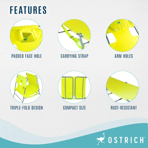Vista 4 de Ostrich Chaise Lounge - Silla plegable portátil de 3 posiciones para playa, patio, campamento y piscina con correa de transporte, verde neón