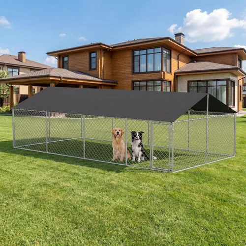 Vista 16 de Petony Perrera para perros al aire libre, valla ideal para perros medianos y pequeños, jaula de revestimiento antioxidante con techo, resistente a