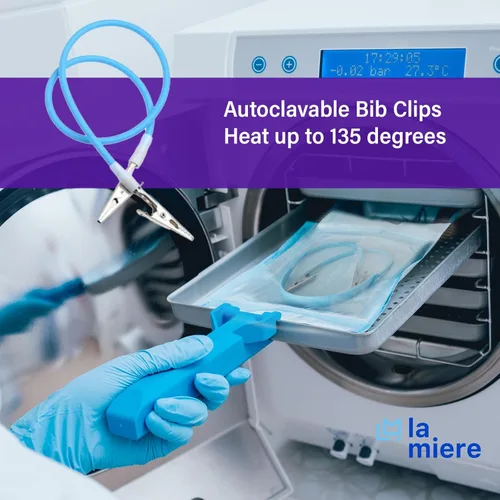 Vista 2 de 6 clips de silicona flexibles de grado médico dental, lavables en autoclave para servilletas, envueltos individualmente, con cocodrilo de acero