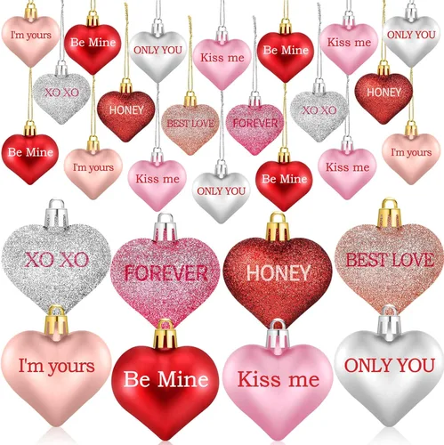 Shynek 68 adornos de corazón para el día de San Valentín para árbol, bolas de corazón de San Valentín con palabras de amor dulces para decoraciones