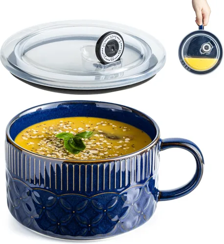Gomakren Tazón de sopa con asa de 39 onzas, cuenco de ramen para microondas con tapa, taza recipiente de sopa de cerámica para ramen, cereales, Azul