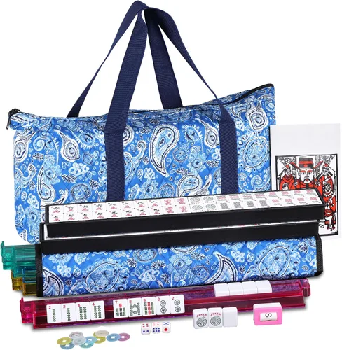 Juego de 166 azulejos Mah Jongg American Mahjong, 4 bastidores de Mahjong todo en uno con empujadores, juego Mahjongg con bolsa azul de terciopelo