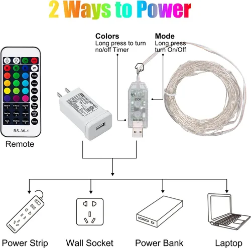 Vista 7 de Minetom Cadena de Luces de Hadas Cambiables de Color - 100 luces LED de 33 pies con cable de plata USB, con control remoto y temporizador, cadena