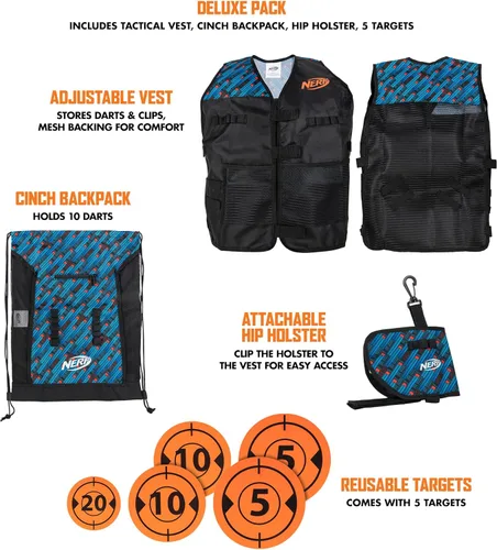 Vista 2 de Nerf Elite Deluxe Tactical Gear Pack – Chaleco táctico con funda de cadera, mochila de cincha y 5 objetivos – Explosión en batalla