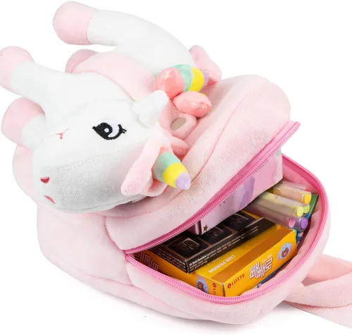 Vista 5 de HONGTEYA Mochila de felpa suave para niños pequeños, Rosado, Muñeca Unicornio