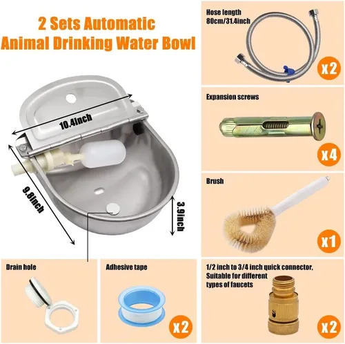 Vista 3 de Tazón automático de agua potable para animales con válvula de flotador y orificio de drenaje, dispensador de ganado de acero inoxidable 304, kits