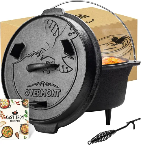 Overmont Olla Holandesa de Acampada de Hierro Fundido Pre-curada con Tapa, También una Cacerola con Tapa y Elevador de Tapa para Cocinar en Camping,