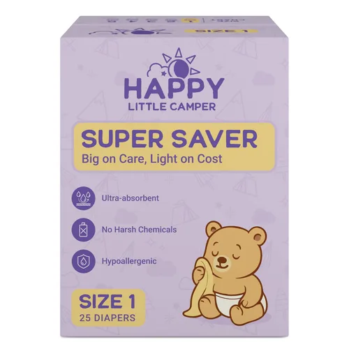 Happy Little Camper Pañales Super Saver, talla 1, 25 unidades | Pañales desechables económicos para piel sensible | Hipoalergénicos, sin fragancia,