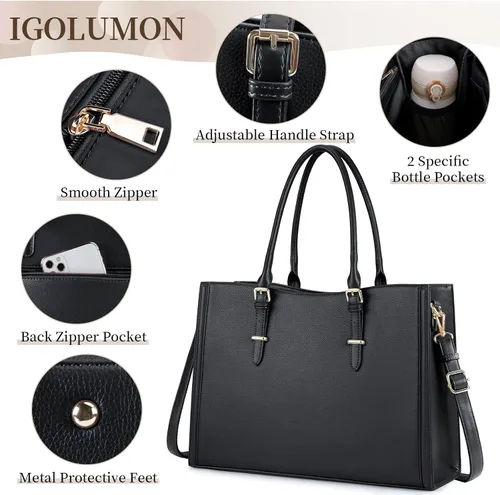 Vista 4 de IGOLUMON Bolsa para laptop para mujer de 15.6 pulgadas, impermeable, bolsa de trabajo de cuero, maletín para computadora, oficina, profesional