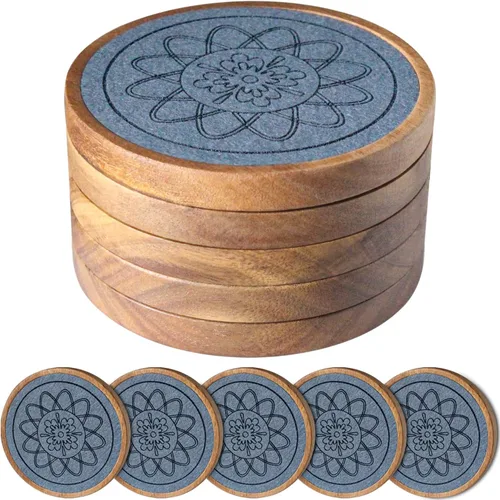 Vista 10 de Paquete de 5 posavasos para bebidas absorbentes, posavasos de madera con almohadillas de fieltro, posavasos para bebidas para protección de mesa