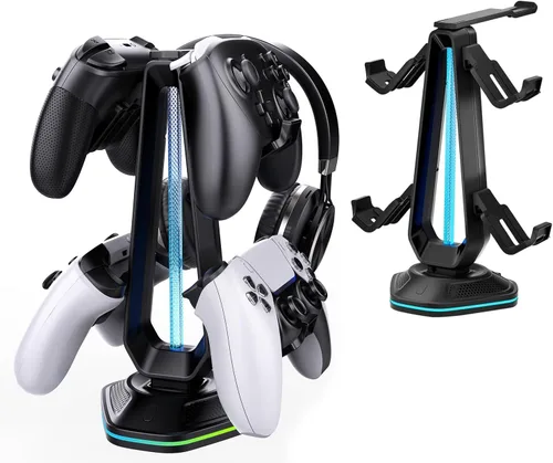 Soporte para auriculares RGB con 9 modos de luz y 2 puertos de carga USB, soporte para controlador para escritorio, soporte para auriculares y