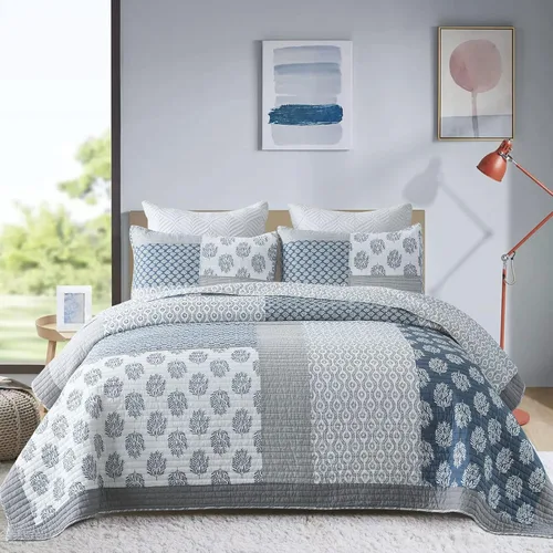 Y-PLWOMEN Colchas tamaño Queen, 100% algodón, ligero, suave, tamaño Queen, azul, gris, blanco, acolchado, juego de ropa de cama reversible de