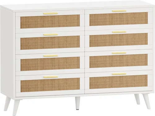 Vista 31 de Rovaurx Cómoda doble de 6 cajones para dormitorio, cómoda de ratán, cómoda de madera moderna con asas doradas, mesa auxiliar para armario, sala