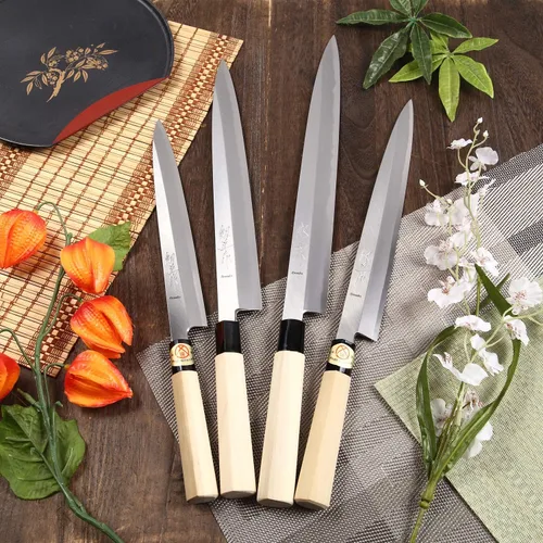 Vista 2 de Cuchillo de chef japonés para sushi sashimi Kigami (acero amarillo) - No.2 mango de madera de magnolia en forma de D, Yanagiba 11.8 pulgadas