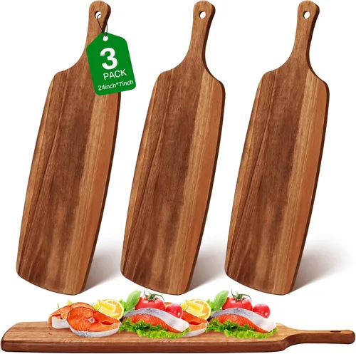 Vista 8 de Kathfly 3 tablas de cortar de madera de acacia con mango láser de madera para servir charcutería para verduras, carne, pizza, queso, pan de frutas
