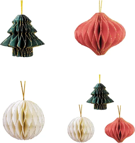 Vista 8 de 4/3 piezas de panales de papel con purpurina pequeños para colgar, esferas decorativas de papel linterna de árbol de Navidad para decoración de Verde