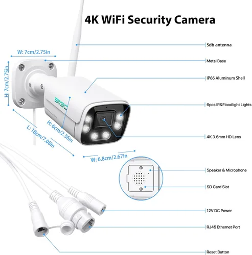 Vista 9 de SV3C Cámara IP WiFi 4K para exteriores, cámaras de seguridad bala con cable de 8MP con reflector de visión nocturna a color, ONVIF, RTSP, detección