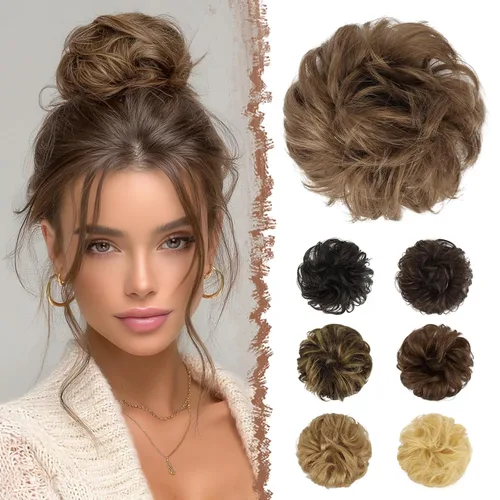 Vista 14 de FESHFEN Moños Desordenados Humanos - 100% Cabello Humano Moño Real Coleteros Piezas de Cabello Extensiones de Cola de Caballo Onduladas Despeinadas