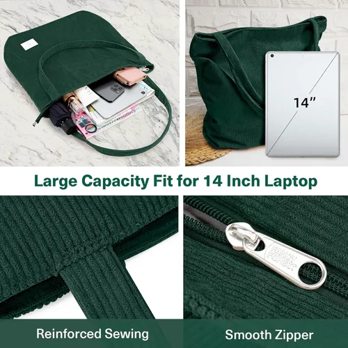 Vista 7 de KALIDI - Bolsa de pana para mujer, con cremallera, casual, de gran capacidad, con bolsillos