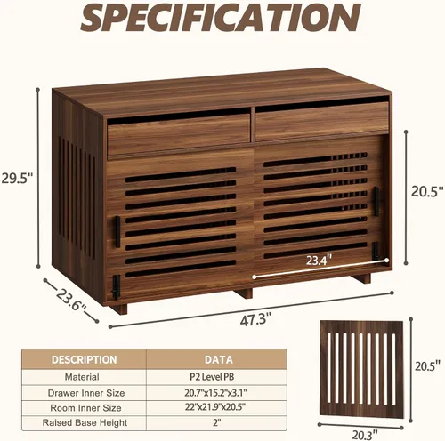 Vista 2 de Muebles de jaula para perros, jaula de madera de 47.3 pulgadas con 2 cajones y divisor, jaula resistente para perros medianos o 2 perros pequeños