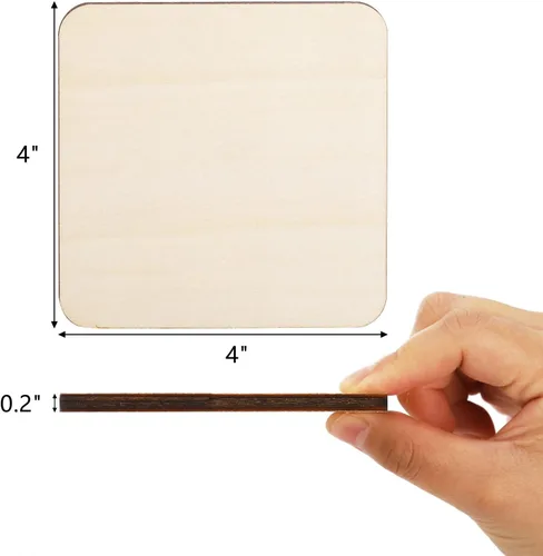 Vista 2 de ZEAYEA 50 piezas de madera sin terminar, posavasos de madera de 4 x 4 pulgadas de grosor, azulejos de madera para posavasos, rebanadas de madera