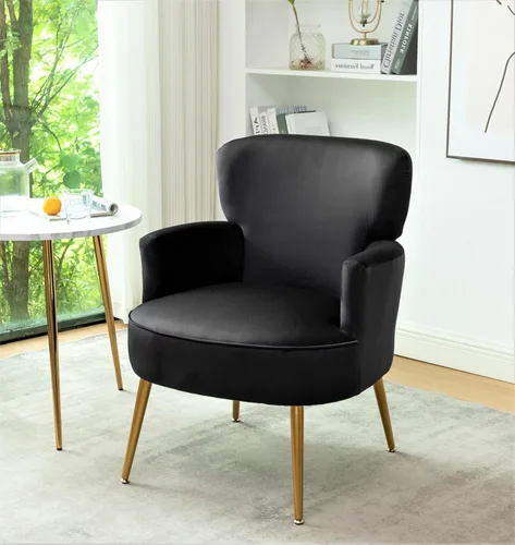 Vista 10 de Silla decorativa de terciopelo de moda con patas de metal dorado, sillón tapizado para espacios pequeños a medianos, sala de estar moderna