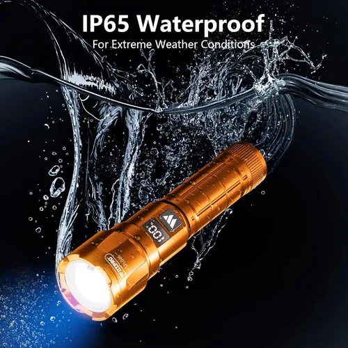 Vista 5 de WdtPro Linterna LED Recargable Paquete de 2, Linterna Táctica Súper Brillante con Zoom de 6000 Lúmenes con Pantalla Digital LCD, Linterna