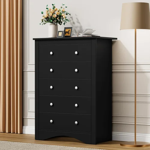 Vista 6 de Flamaker Cómoda alta para dormitorio, cómoda de 5 cajones, cómoda de madera, cómoda ancha, cajones de almacenamiento, organizador de almacenamiento