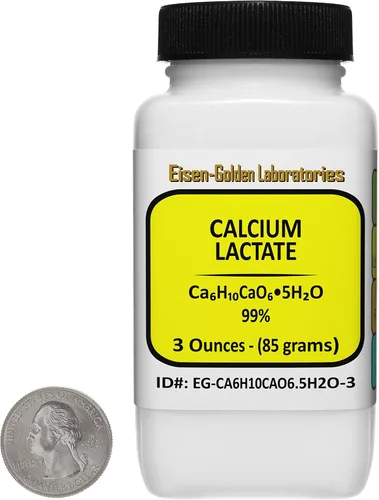 Lactato de calcio [C6H10CaO6.5H2O] 99% USP-FCC Polvo de grado alimenticio 3 Oz en una botella