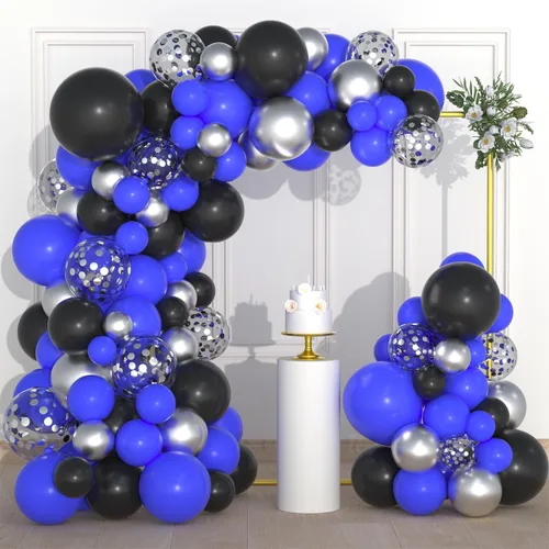 Juego de globos de color azul real, negro y plateado metálico, 122 unidades, guirnalda de arco de globos azul real y negro para videojuegos,