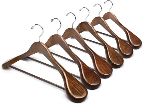 Vista 9 de Amber Home Paquete de 6 Perchas de Traje de Madera de Bambú Natural de Hombros Anchos, Perchas de Ropa de Bambú con Barra para Pantalones, Perchas