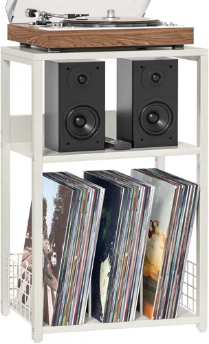 Vista 12 de LELELINKY Mesa auxiliar negra, mesa auxiliar pequeña con marco de metal, soporte moderno para tocadiscos con estante de almacenamiento, mesas
