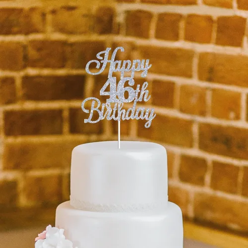 Vista 4 de Decoración para tartas de cumpleaños número 46 con purpurina plateada, decoración de cumpleaños de 46 años, decoración de cumpleaños de 46 años