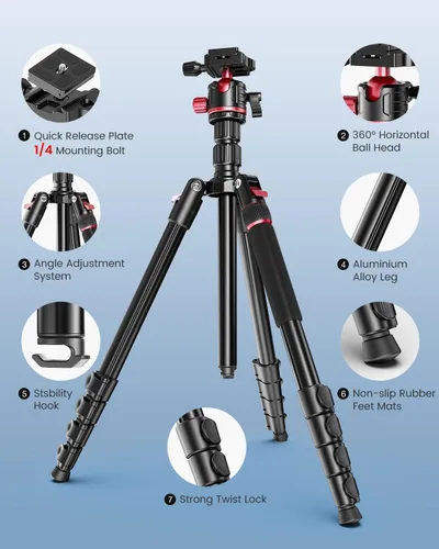 Vista 6 de CAMBOFOTO Trípode de cámara profesional de 74 pulgadas, cabeza esférica de aluminio DSLR/SLR trípode y monopie con bolsa de transporte compatible