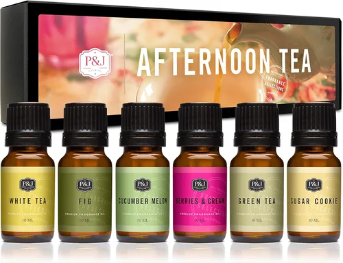 P&J Trading Juego de té de la tarde de aceite aromático | Higo, té blanco, té verde, galletas de azúcar, melón de pepino, bayas y aromas de velas de