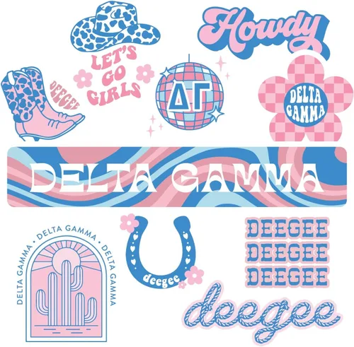 Delta Gamma - Hoja de calcomanías de vinilo de diseño occidental con diseños oficiales, adhesivo extraíble, 10 calcomanías por hoja, por Sorority