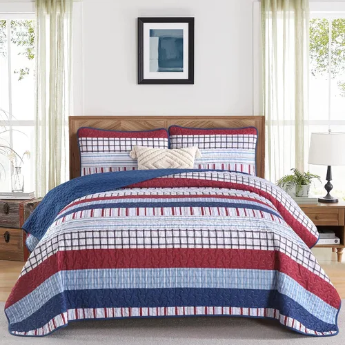 Vista 22 de DJY Juego de edredón a rayas tamaño Queen, juego de colcha bohemia verde salvia de 3 piezas, juego de ropa de cama acolchada de microfibra suave