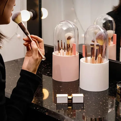 Vista 4 de Makeup Acrylic Makeup Brush Storage Box Dressing Table Desktop Cosmetic Portable Storage Organizer(Pink)