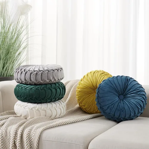 Vista 3 de Almohada redonda de terciopelo de 15 x 15 pulgadas, plisada, redonda, rellena de calabaza, para el hogar, para sofá, silla, cama, suelo