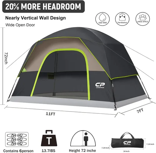 Vista 3 de Tents for Camping 6 Person Tent Waterproof Windproof Double Layer Family Camping Tent, Easy Setup Dome Tent with Large Mesh Windows & Wider Door for