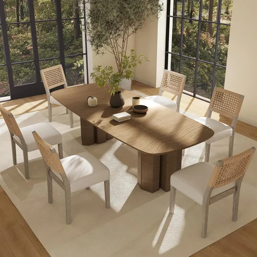 Vista 12 de Juego de 2 sillas de comedor de granja, sillas de comedor tapizadas con respaldo tejido a mano, asiento acolchado suave y patas de madera