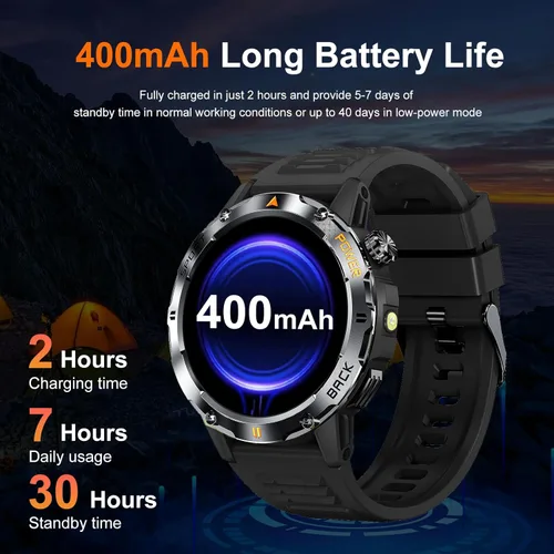 Vista 6 de Reloj inteligente militar para hombre, (responder/hacer llamadas), reloj inteligente de fitness con linterna compatible con Android y iPhone, Negro