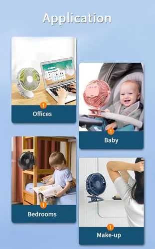 Vista 2 de Mini ventilador con clip, 4 pulgadas, 2500 mAh, recargable, funciona con pilas, ventilador personal para cama, cochecito de bebé, al aire libre