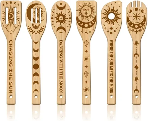 Vista 11 de GLOBLELAND 6 Pcs Magic Wizard Words Wooden Spoons Utensil Set Magical Black Cat Bamboo Carving Kitchen Cooking Utensils Wooden Engraved Cooking
