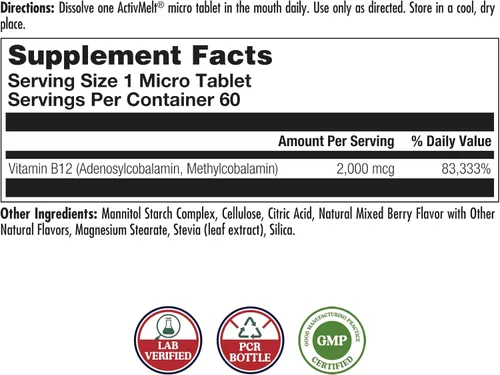 Vista 2 de KAL B-12 Methylcobalamin & Adenosylcobalamin ActivMelt 2000 mcg Natural Mixed Berry 60 pestañas de disolución rápida, 60 Serv.