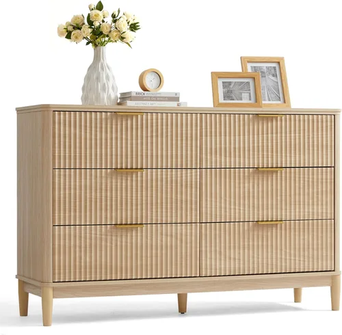 Vista 9 de LINSY Cómoda Acanalada para Dormitorio con 8 Cajones, Cajonera Moderna de Mediados de Siglo con Manijas de Metal Dorado, Cómodas Anchas de Madera