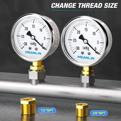 Vista 30 de MEANLIN MEASURE - Vacuómetro de presión de vacío de acero inoxidable, esfera con cara de 2.5 pulgadas, NPT de 1/8 de pulgada, montaje trasero