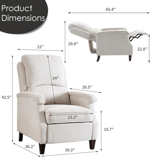 Vista 2 de VKNOW Silla reclinable, sillón reclinable de tela con reposabrazos suave, asiento de cine en casa con respaldo ajustable y soporte lumbar, sofá Beige